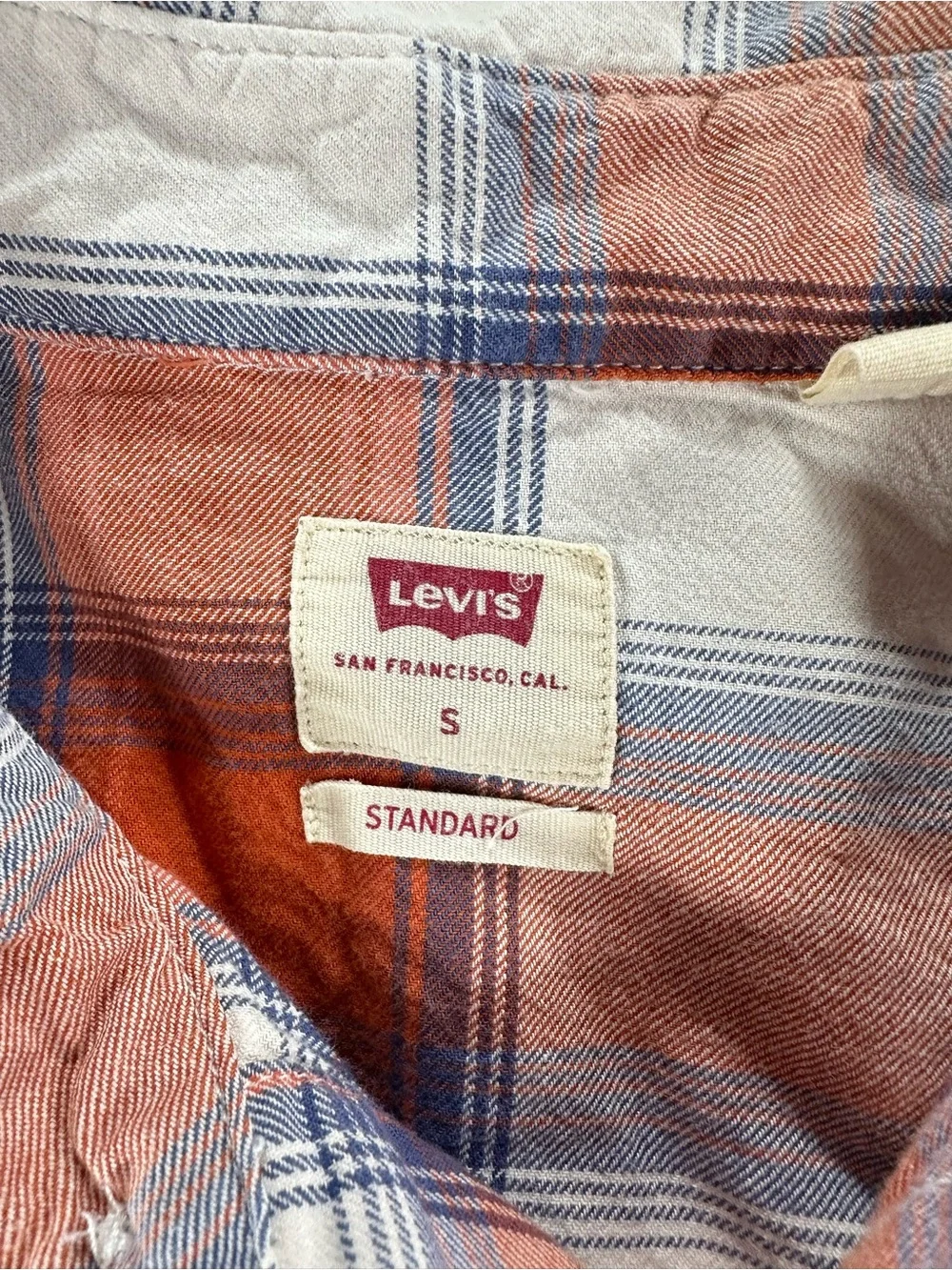 Levi's Men’s S LS Orange White & Blue Plaid Western Pearl Snap Button-Down Shirt